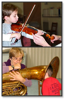 kids, teachers with tuba and violin